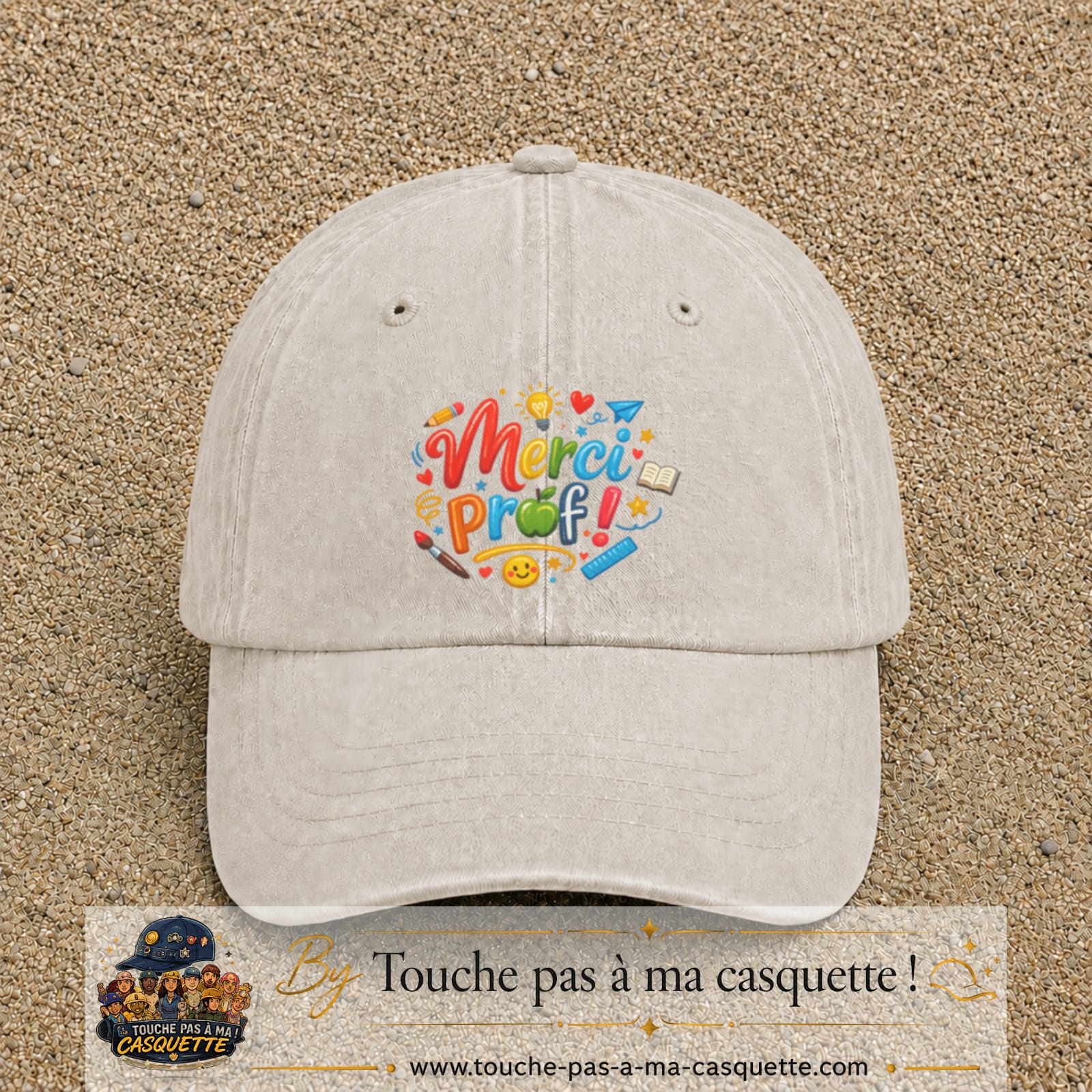 Casquette Beige clair délavé avec motif Merci Prof coloré en 7 cm – vue principale