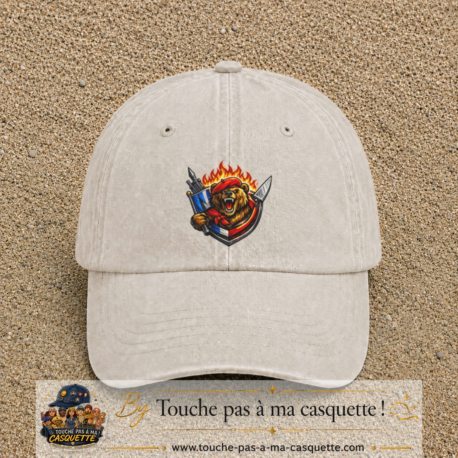 Casquette Beige clair délavé motif Ours guerrier logo 7 cm