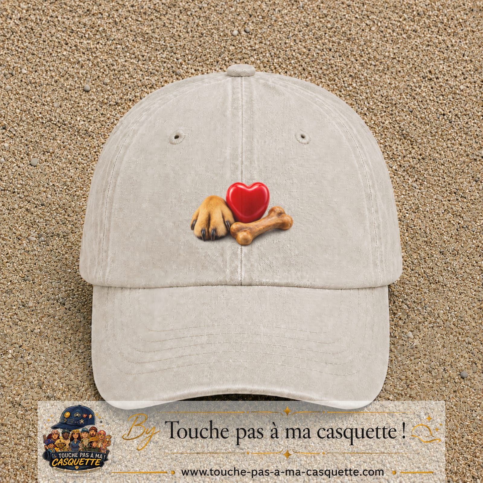 Casquette Beige clair délavé motif Patte de chien et cœur logo 5 cm