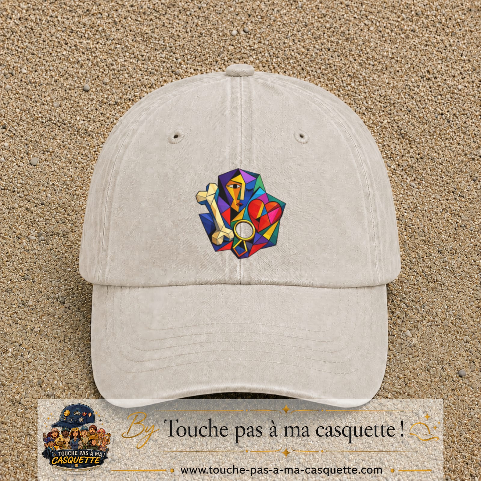 Casquette Beige clair délavé motif Portrait abstrait logo 7 cm