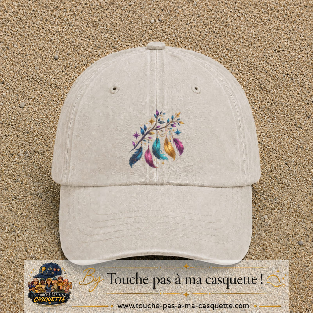 Casquette Beige clair délavé motif Plumes bohèmes logo 7 cm