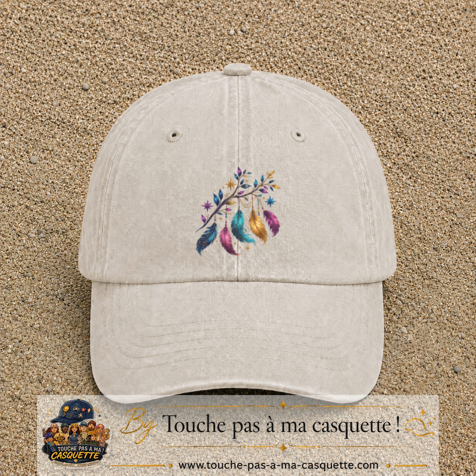 Casquette Beige clair délavé motif Plumes bohèmes logo 7 cm