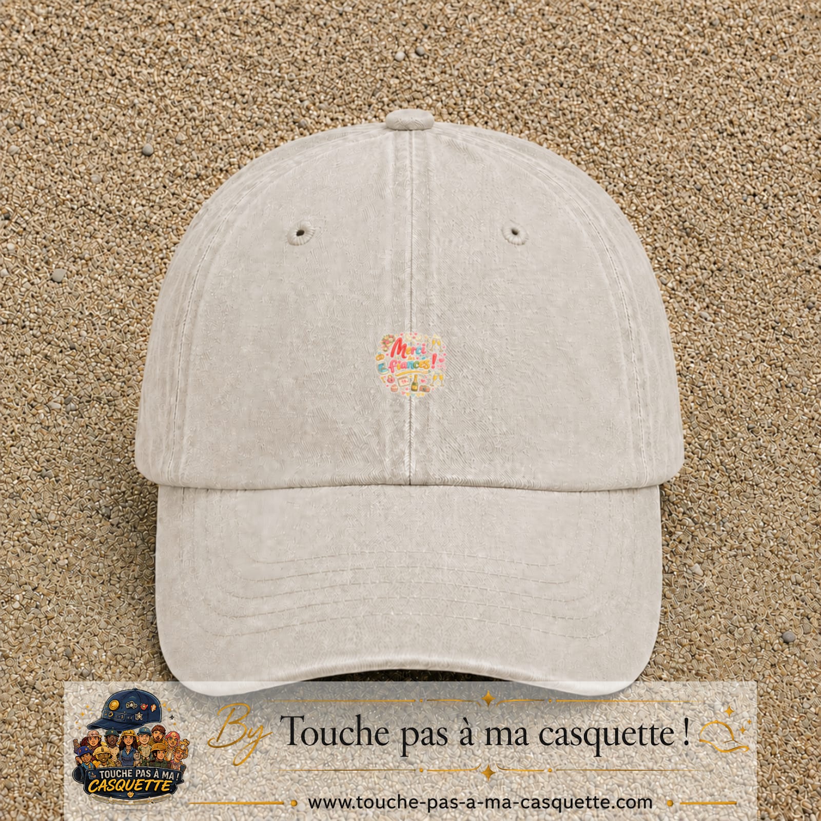 Casquette Beige clair délavé avec motif Merci les Fiancés en 3 cm – vue principale