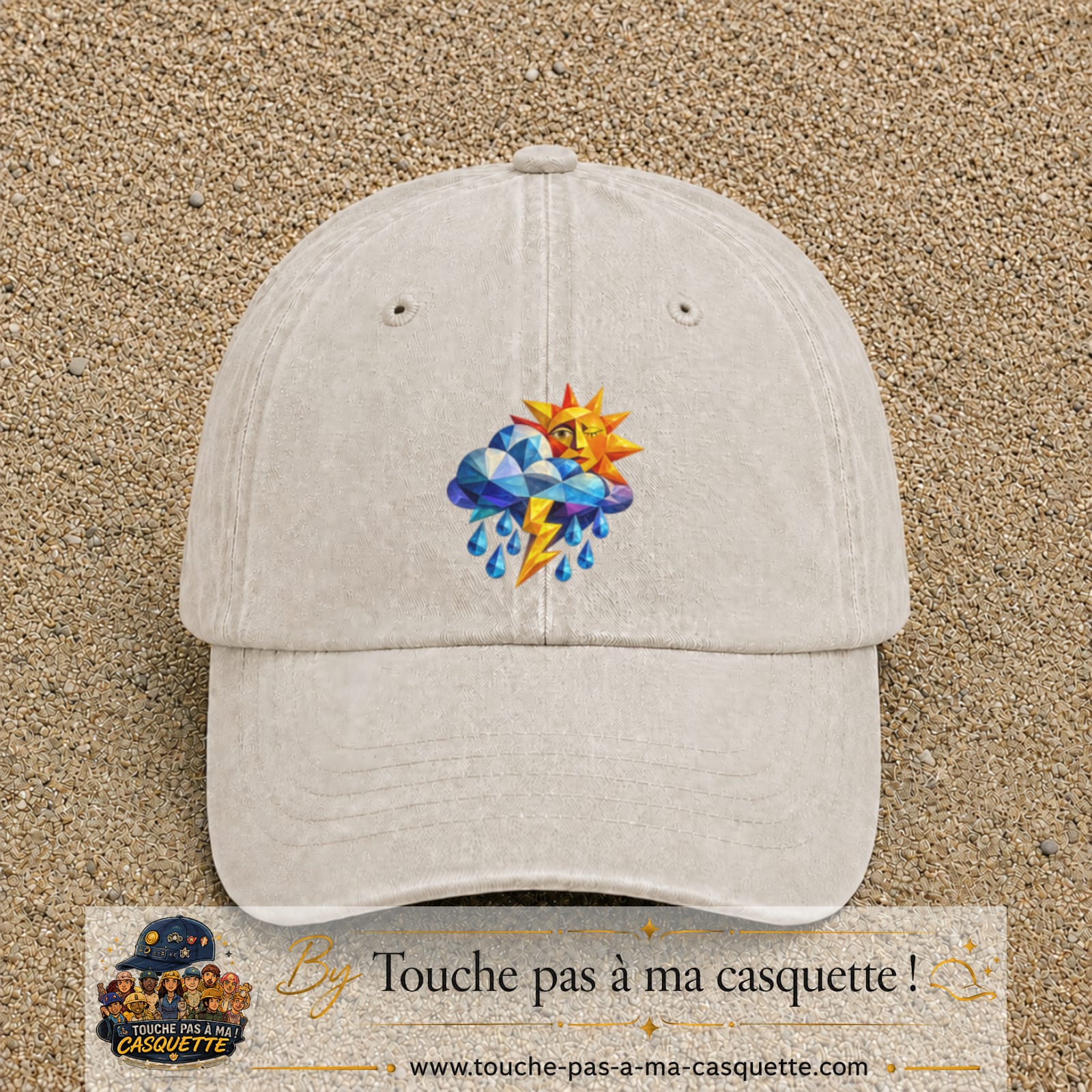 Image principale casquette Beige clair délavé avec motif Météo soleil orage 7 cm