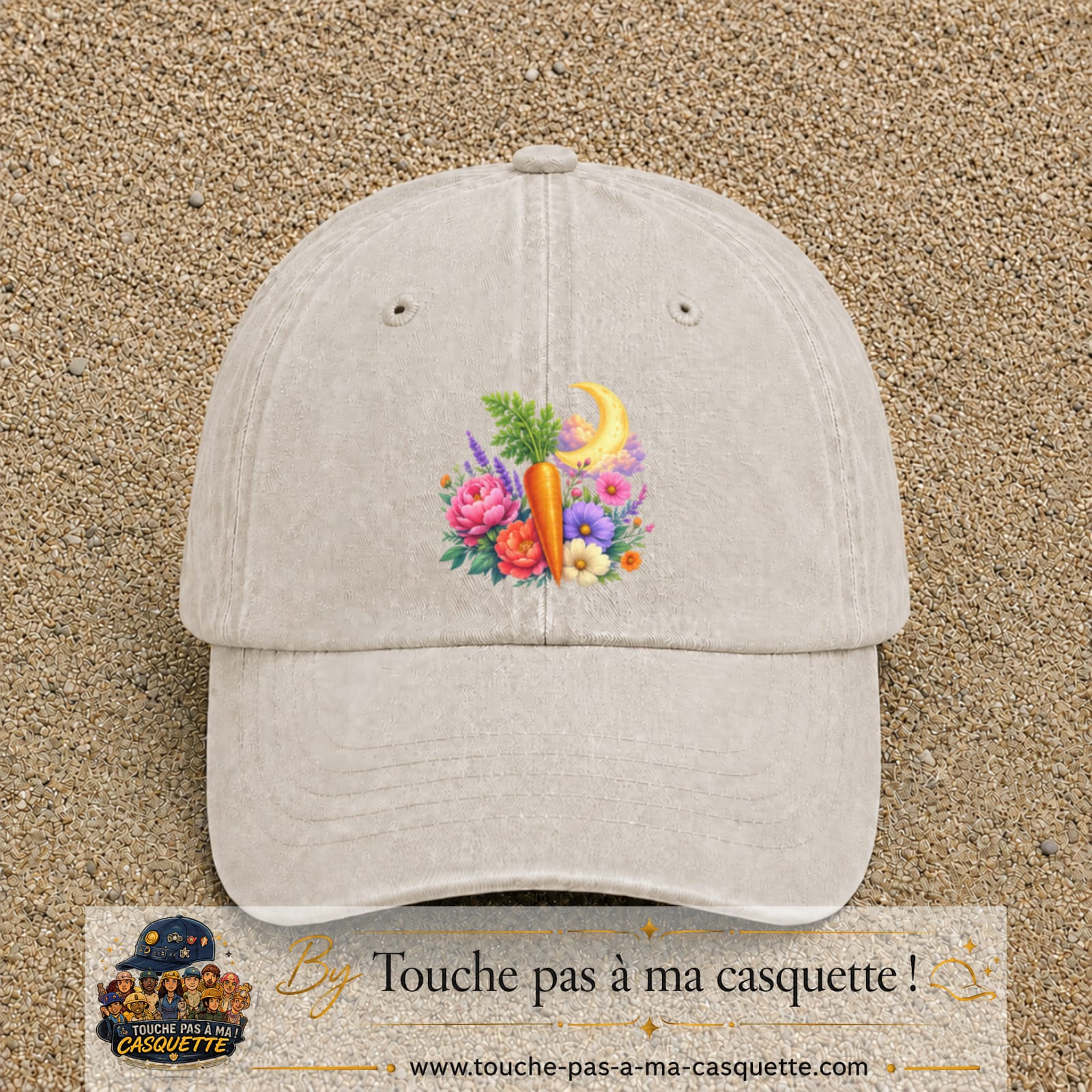 Casquette Beige clair délavé motif Jardin carotte fleuri logo 7 cm