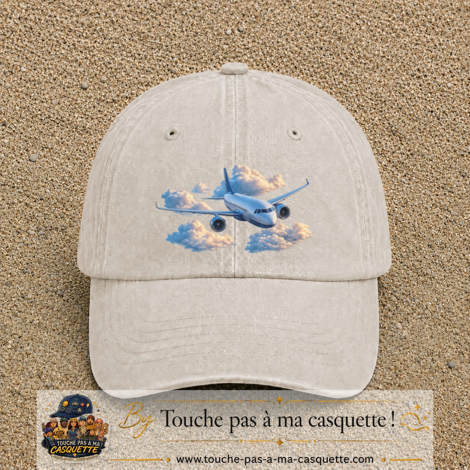 Image principale casquette Beige clair délavé avec motif Avion dans les nuages 7 cm