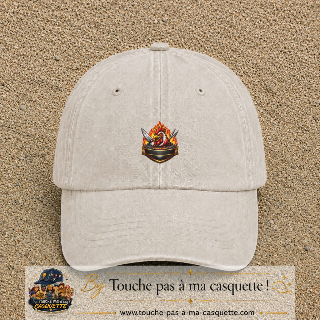 Casquette Beige clair délavé motif Coq barbecue logo 5 cm