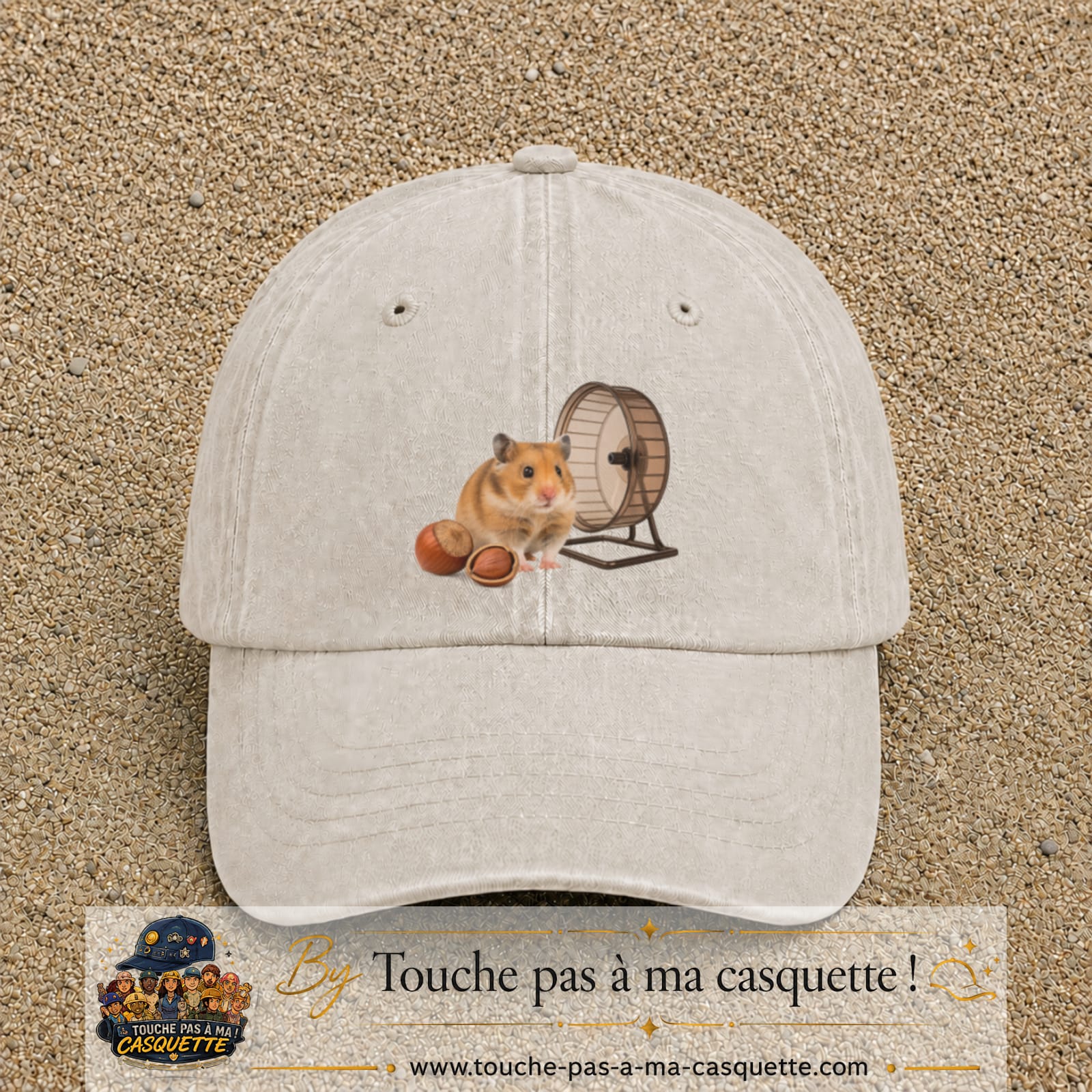 Casquette Beige clair délavé motif Hamster avec roue logo 7 cm