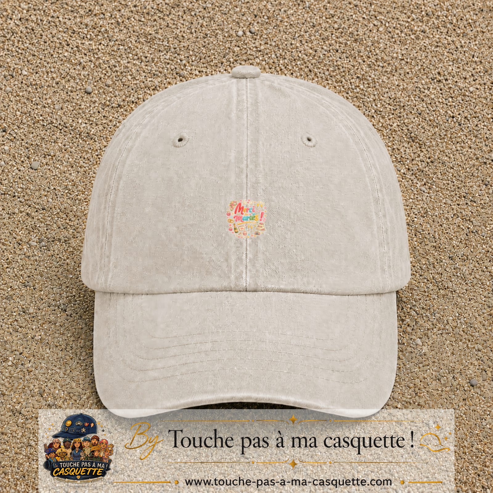 Casquette Beige clair délavé avec motif Merci les Mariés en 3 cm – vue principale