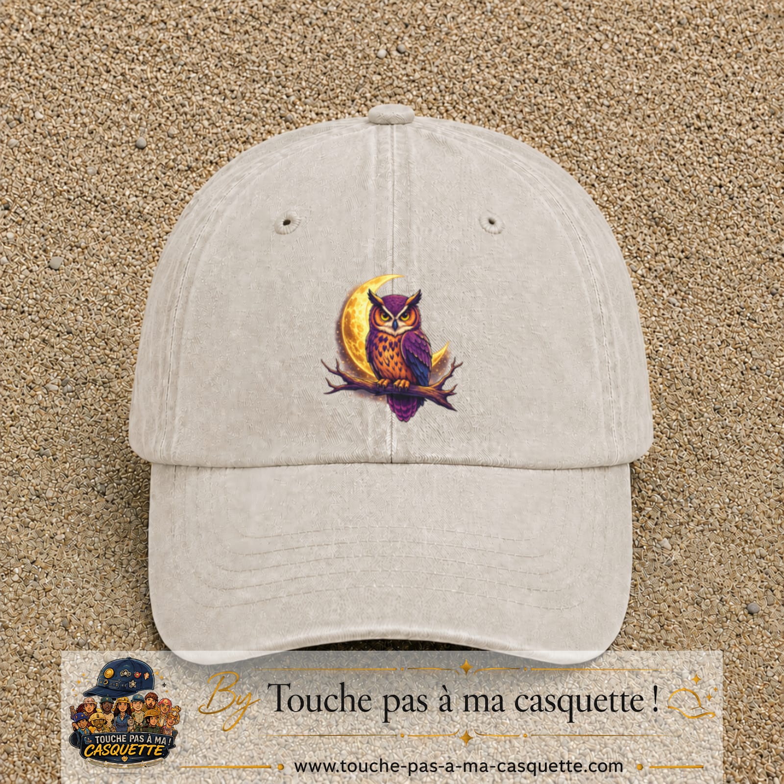 Casquette Beige clair délavé motif Hibou lune logo 7 cm