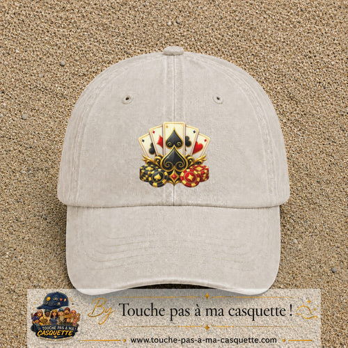 Casquette Beige clair délavé motif Poker cartes et jetons logo 7 cm