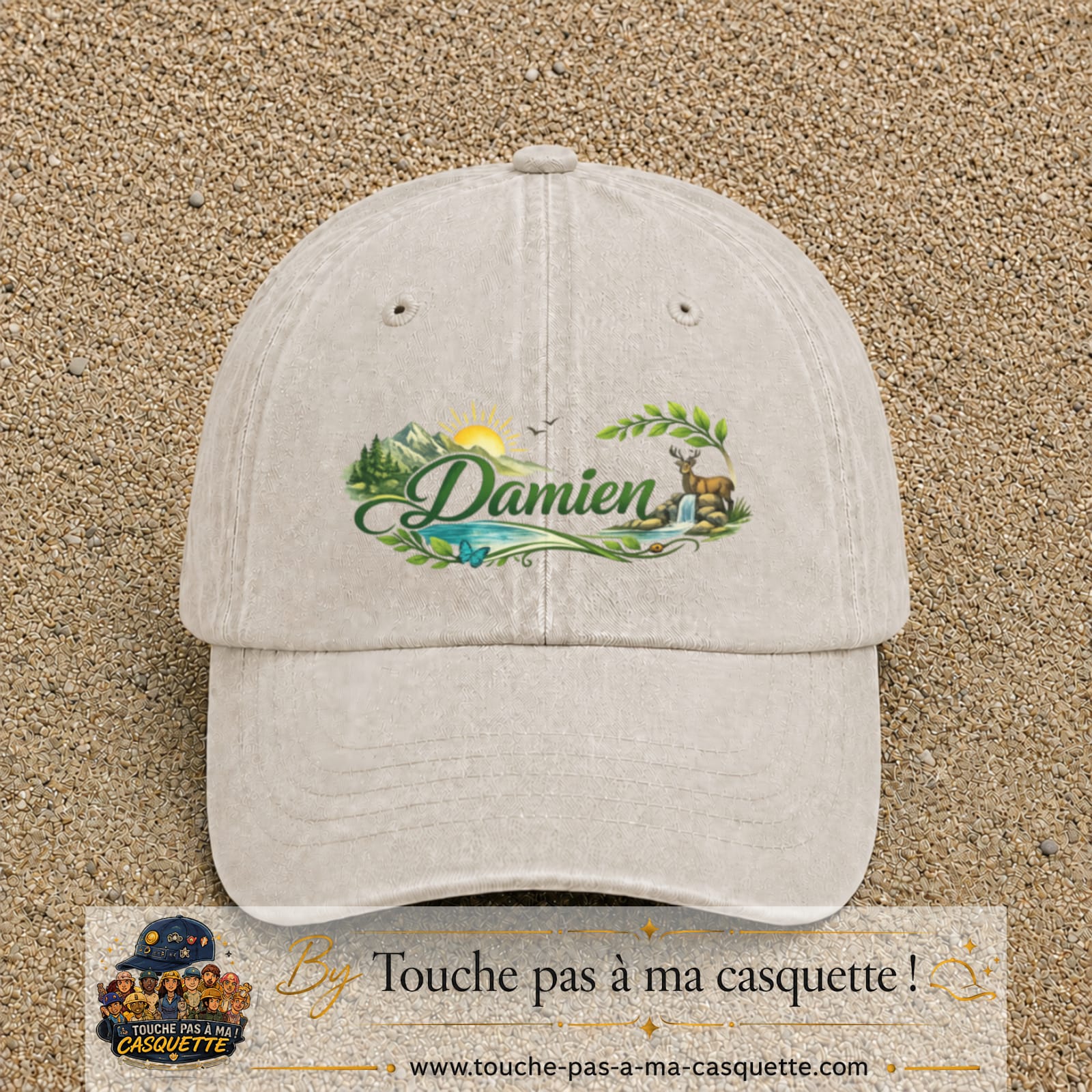 Casquette Beige clair délavé avec motif Prénom Damien nature et cerf en 7 cm – vue principale