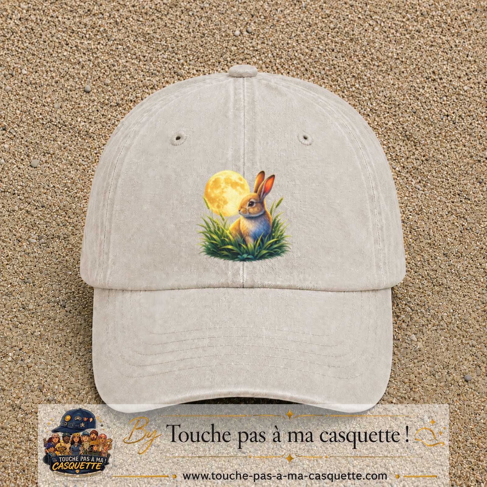 Casquette Beige clair délavé motif Lapin sous la lune logo 7 cm