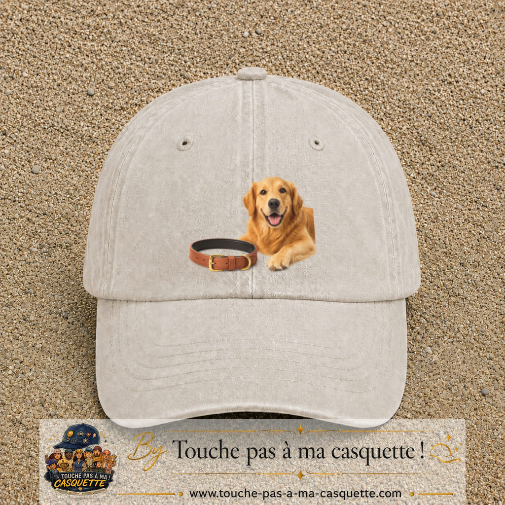 Image principale casquette Beige clair délavé avec motif Chien avec collier 7 cm