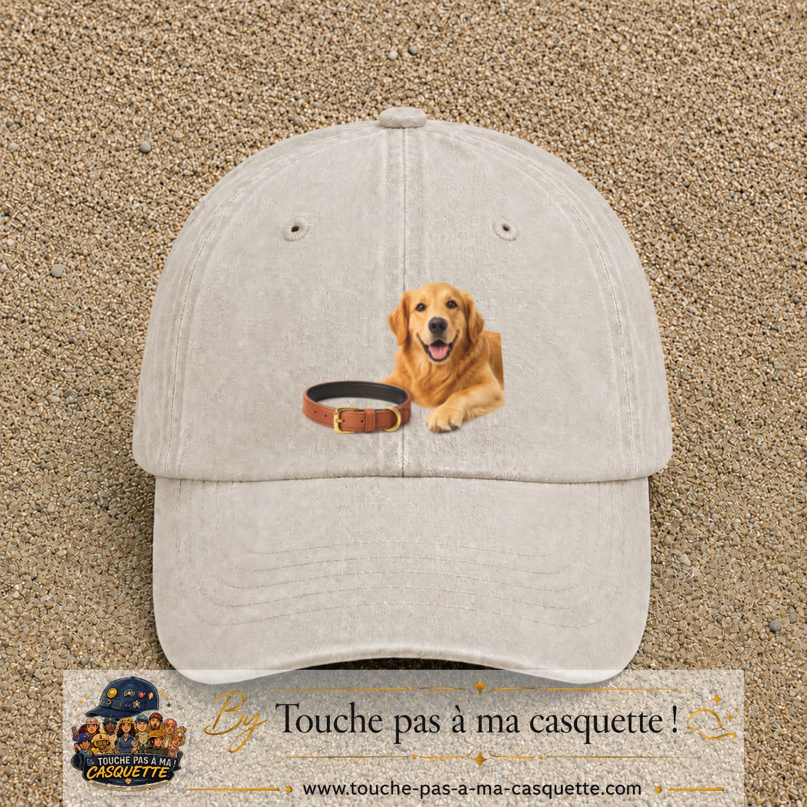 Image principale casquette Beige clair délavé avec motif Chien avec collier 7 cm