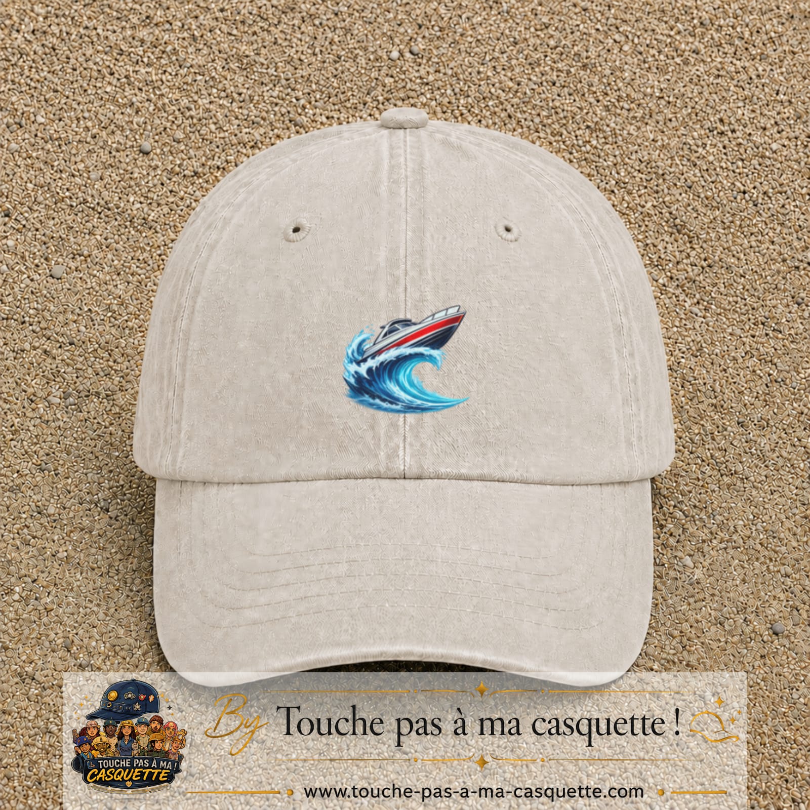 Casquette Beige clair délavé avec motif Bateau à moteur sur vague en 5 cm – vue principale