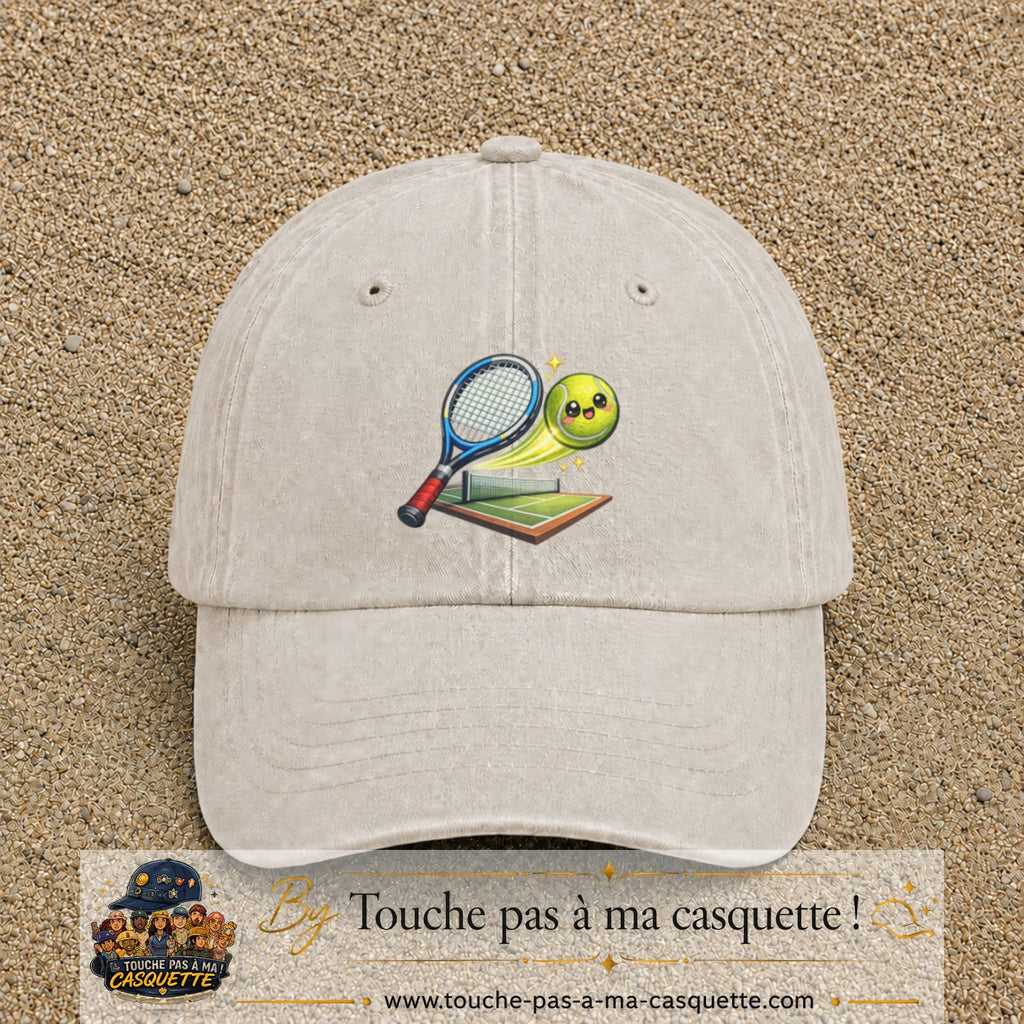 Image principale produit81grosBC - casquette Beige clair délavé avec visuel Tennis court raquette 7 cm