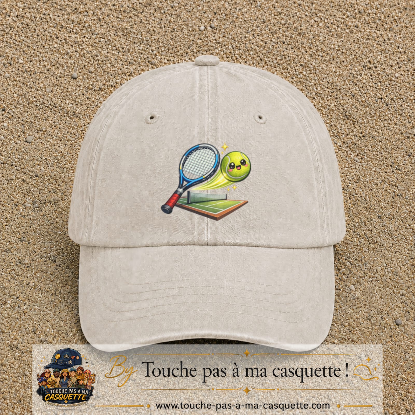 Image principale produit81grosBC - casquette Beige clair délavé avec visuel Tennis court raquette 7 cm