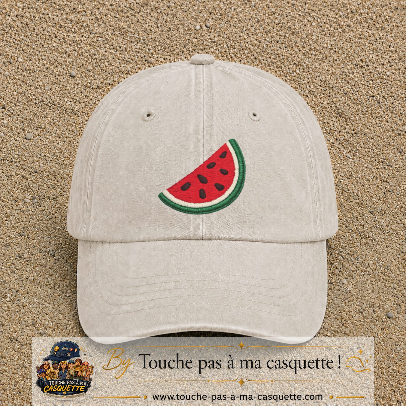 Image principale produit22grosBC - casquette Beige clair délavé avec visuel Pastèque 7 cm