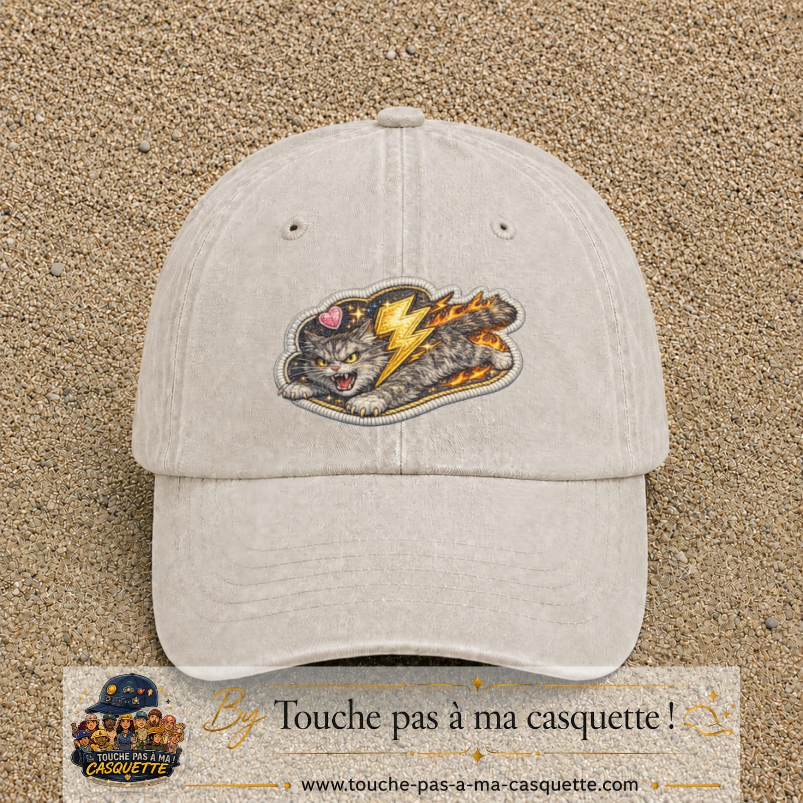 Image principale produit78grosBC - casquette Beige clair délavé avec visuel Chat éclair 7 cm