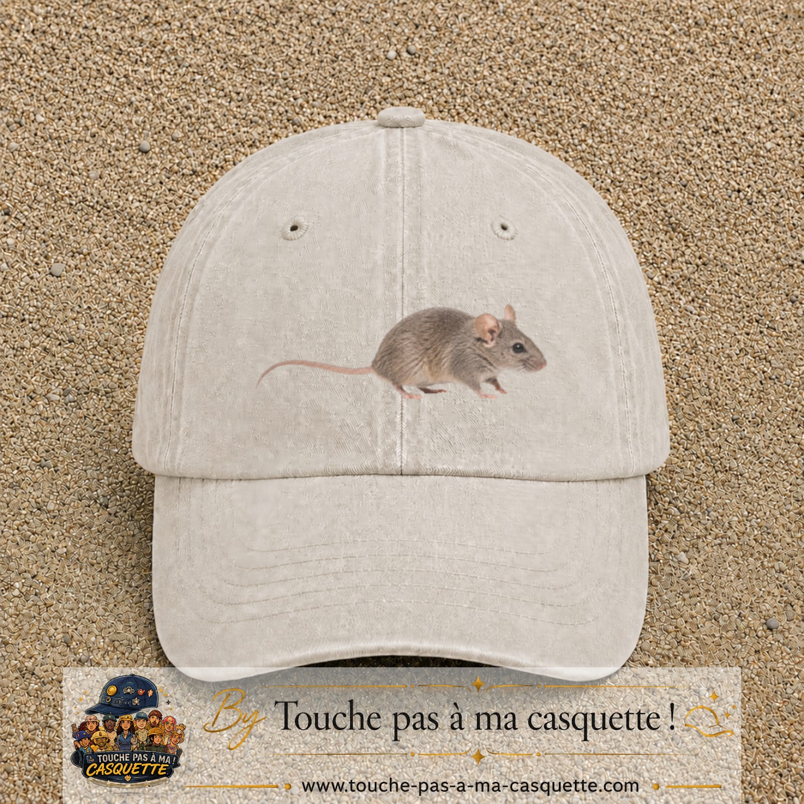 Image principale produit73grosBC - casquette Beige clair délavé avec visuel Souris 7 cm