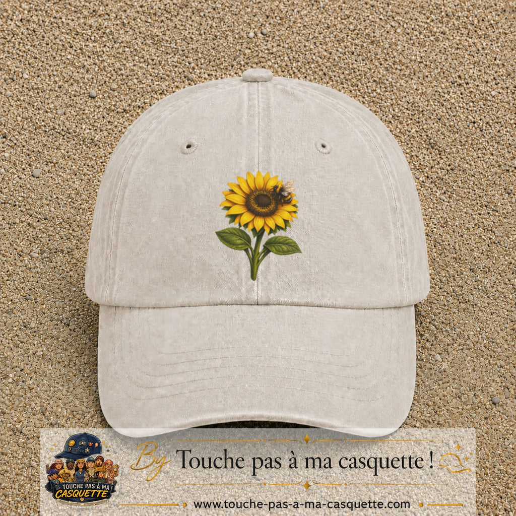 Image principale produit75grosBC - casquette Beige clair délavé avec visuel Tournesol abeille 7 cm