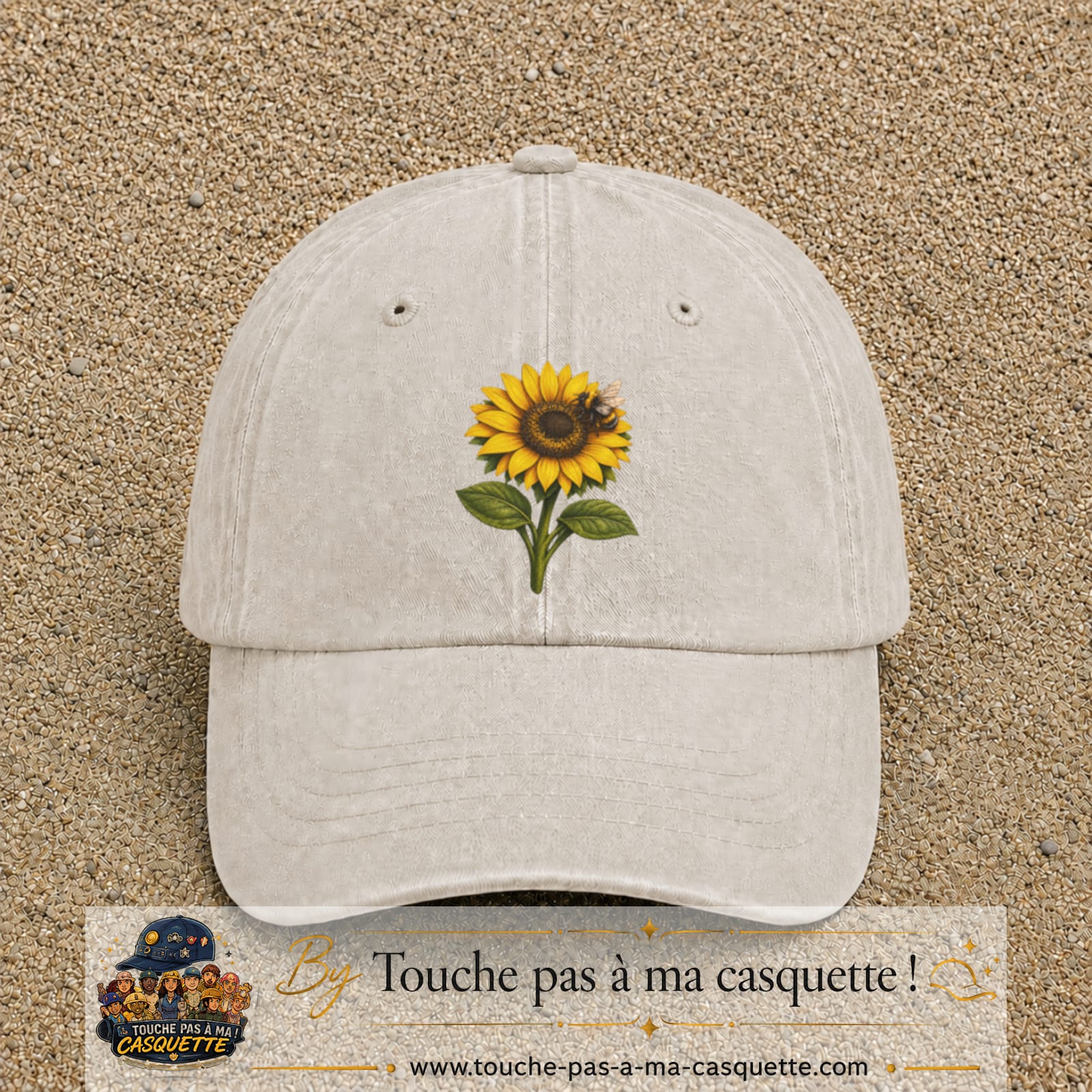 Image principale produit75grosBC - casquette Beige clair délavé avec visuel Tournesol abeille 7 cm