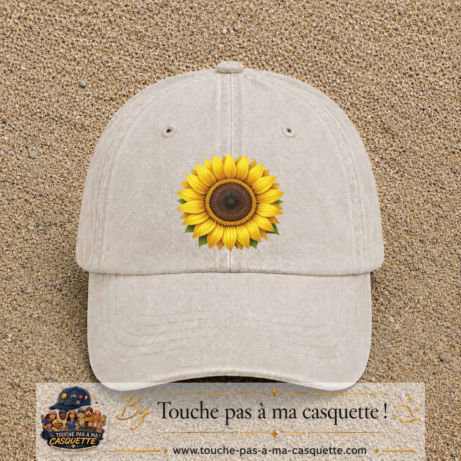 Image principale produit11grosBC - casquette Beige clair délavé avec visuel Tournesol 7 cm