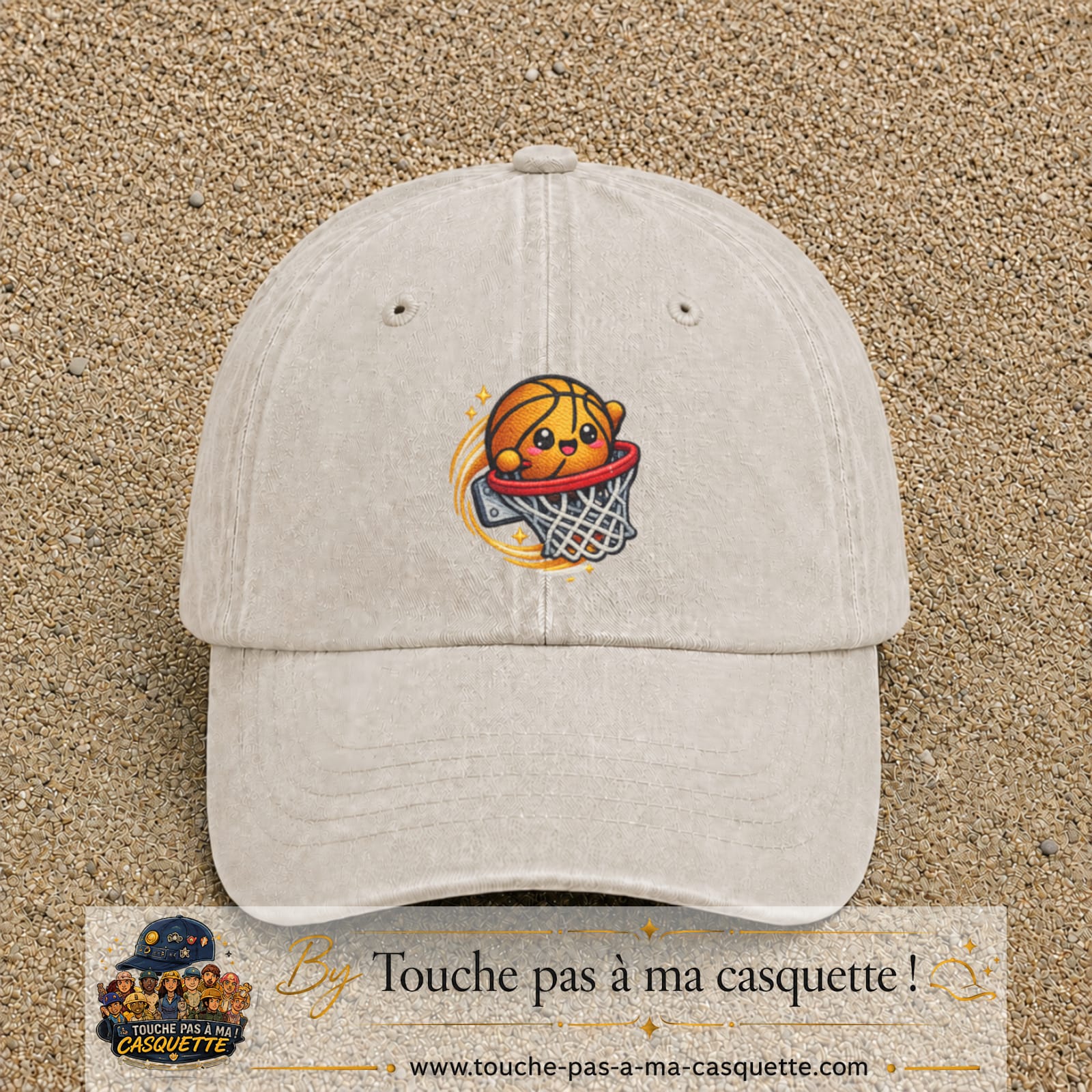 Image principale produit79grosBC - casquette Beige clair délavé avec visuel Ballon basket panier 7 cm