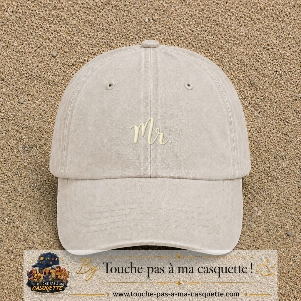 Image principale produit111petitBC - casquette Beige clair délavé avec visuel Mr blanc 3 cm