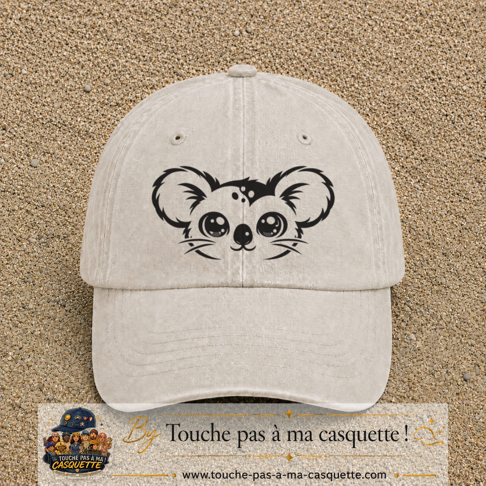 Image principale produit100grosBC - casquette Beige clair délavé avec visuel Koala visage 7 cm