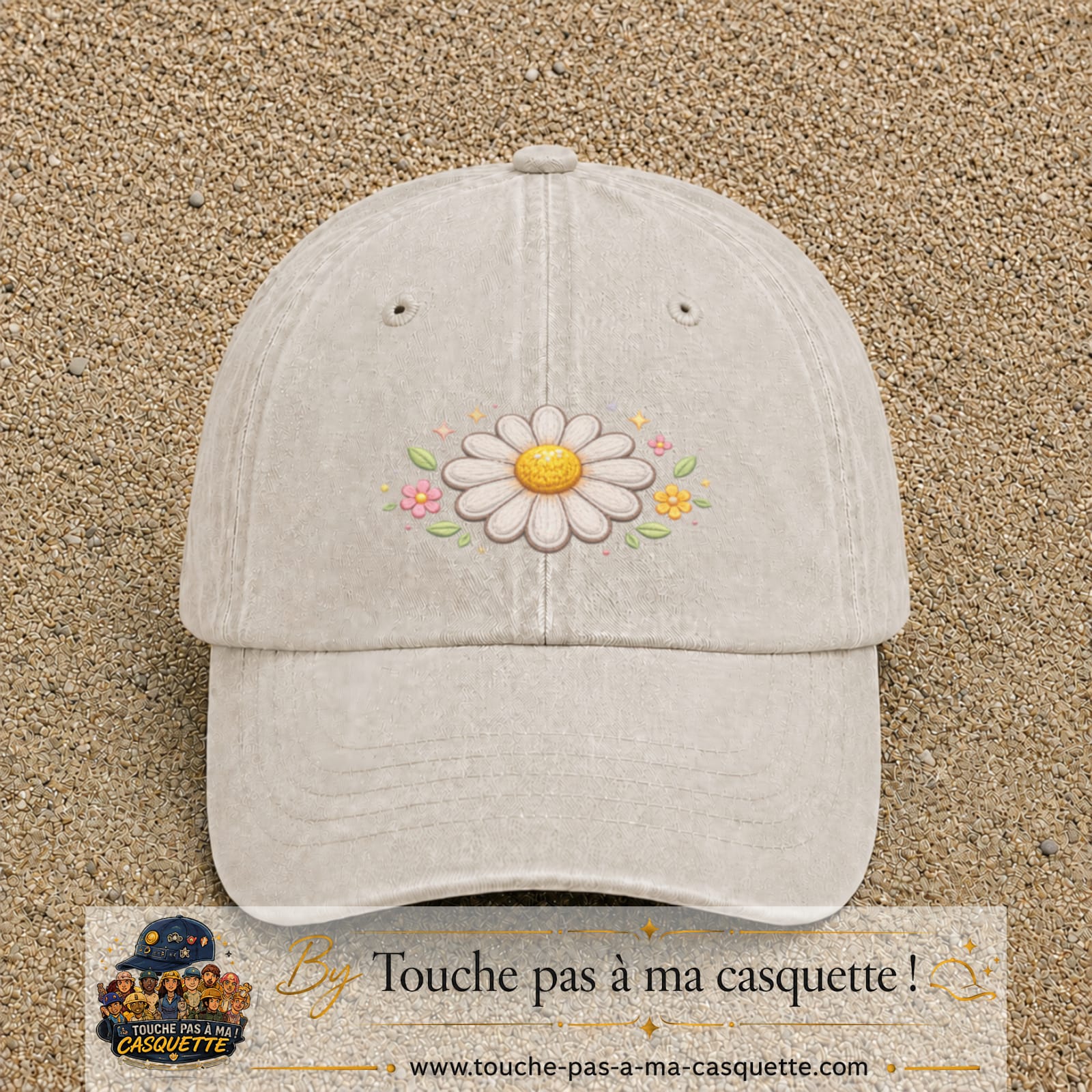 Image principale produit120moyenBC - casquette Beige clair délavé avec visuel Marguerite horizontale 5 cm