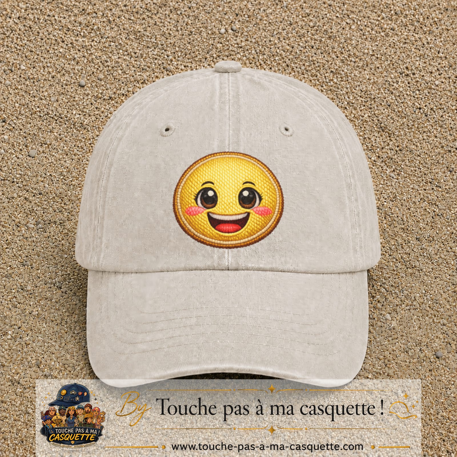 Image principale produit9grosBC - casquette Beige clair délavé avec visuel Emoji souriant 7 cm