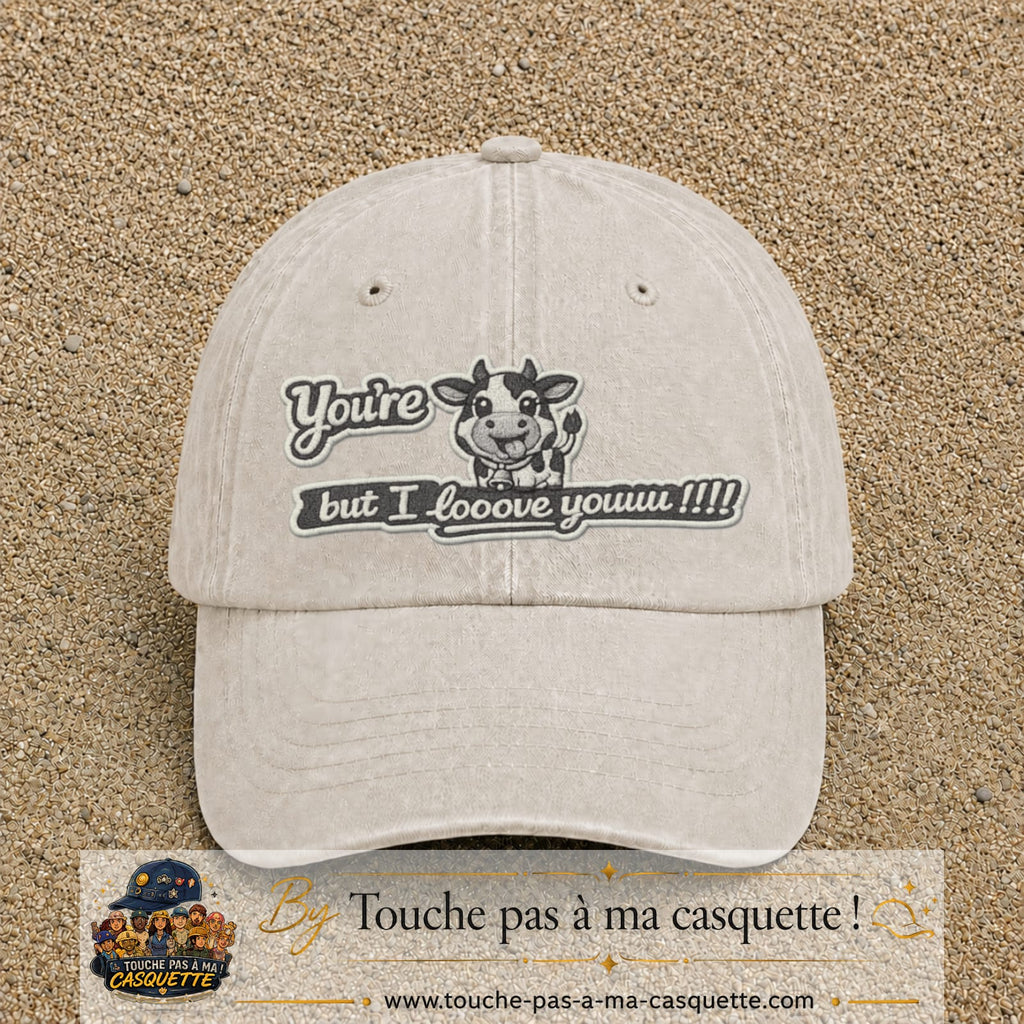 Image principale produit121grosBC - casquette Beige clair délavé avec visuel Vache message anglais 7 cm