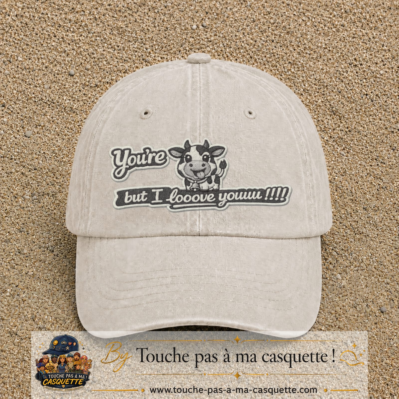 Image principale produit121grosBC - casquette Beige clair délavé avec visuel Vache message anglais 7 cm