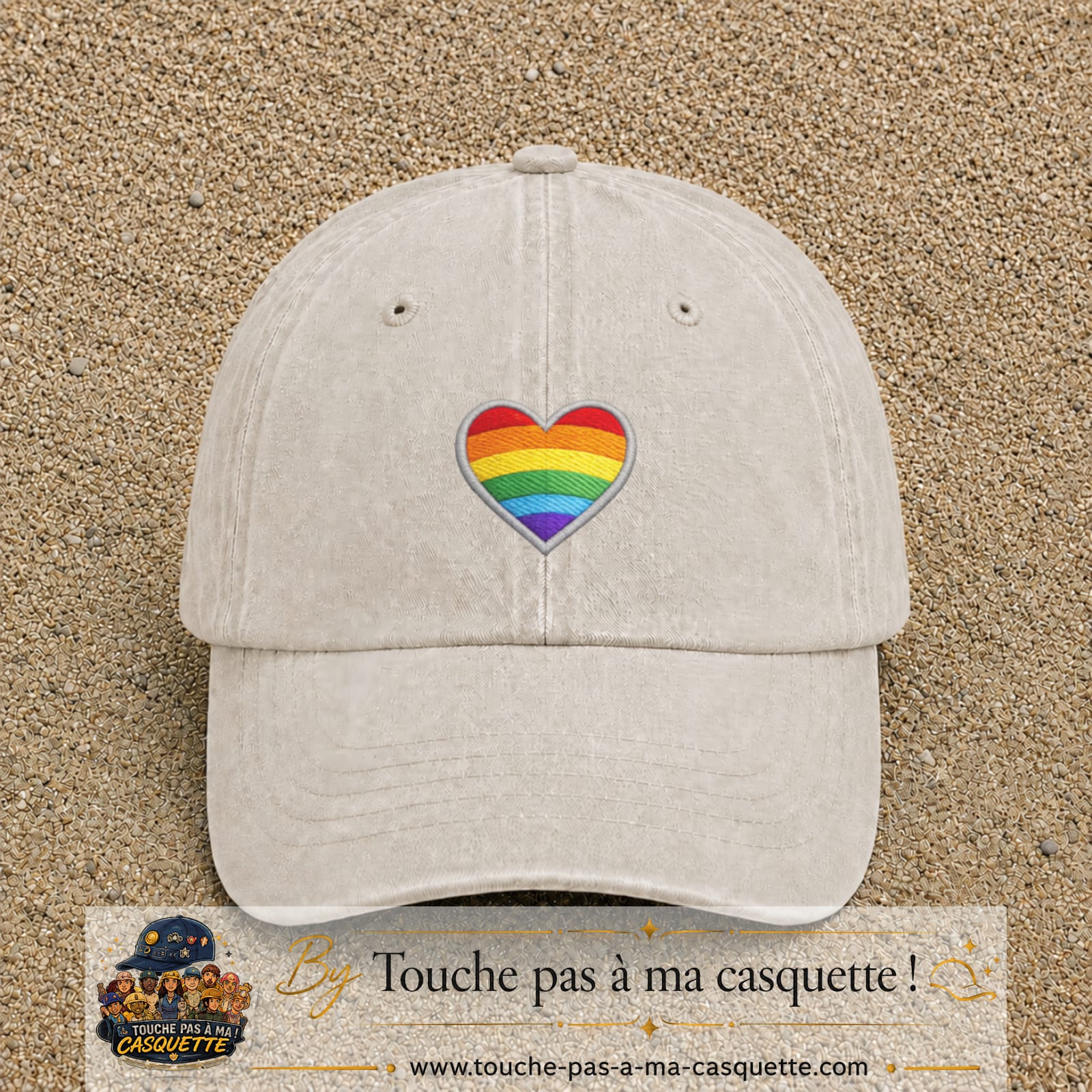 Image principale produit25moyenBC - casquette Beige clair délavé avec visuel Cœur arc-en-ciel écusson 5 cm