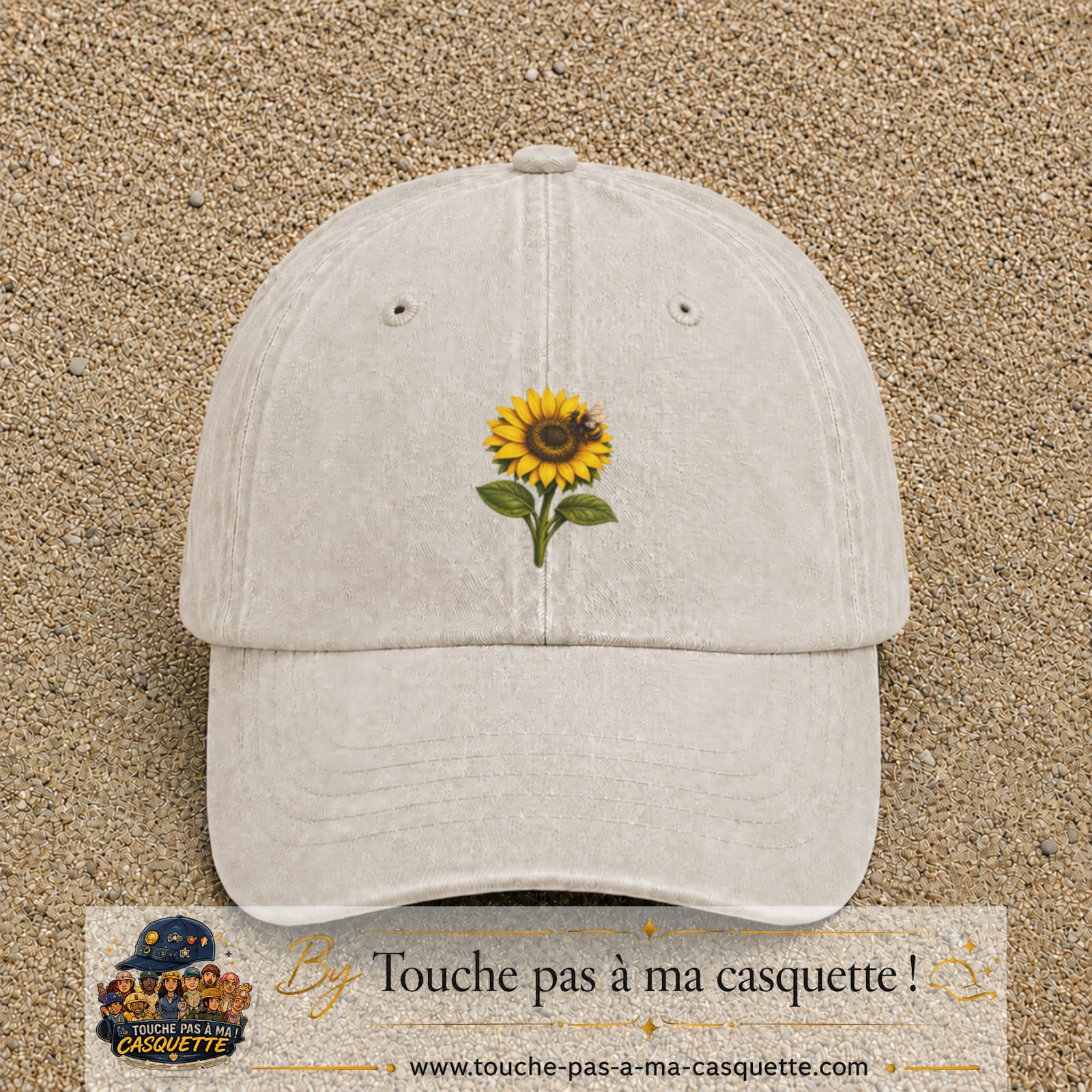 Image principale produit75moyenBC - casquette Beige clair délavé avec visuel Tournesol abeille 5 cm