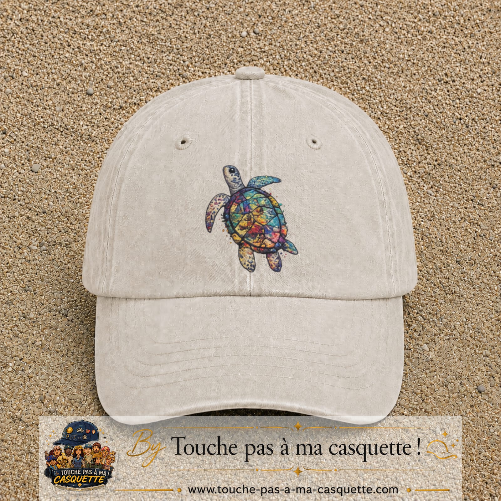 Image principale produit17grosBC - casquette Beige clair délavé avec visuel Tortue colorée 7 cm