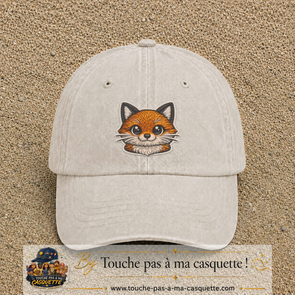 Image principale produit52grosBC - casquette Beige clair délavé avec visuel Renard tête 7 cm