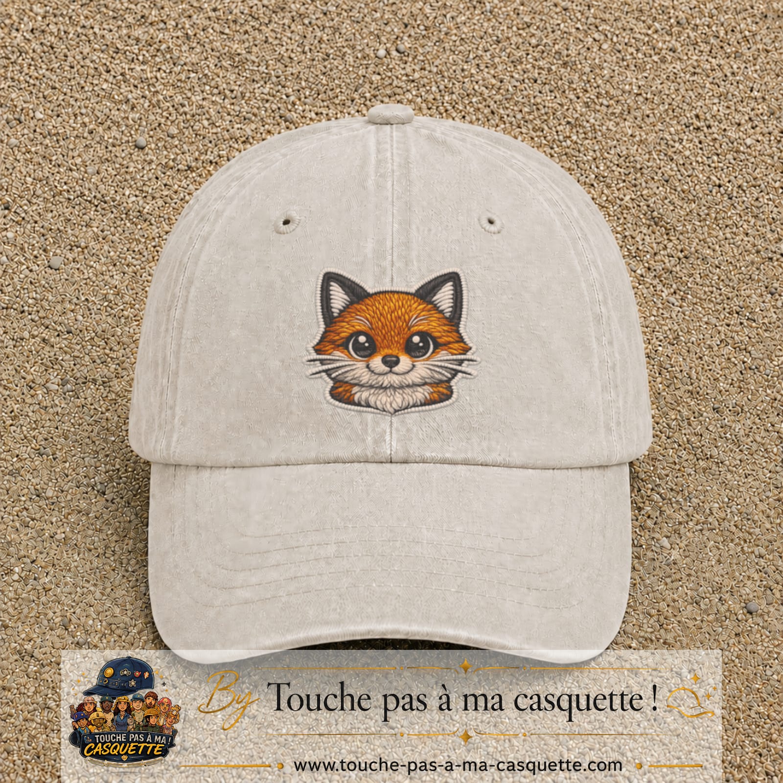 Image principale produit52grosBC - casquette Beige clair délavé avec visuel Renard tête 7 cm