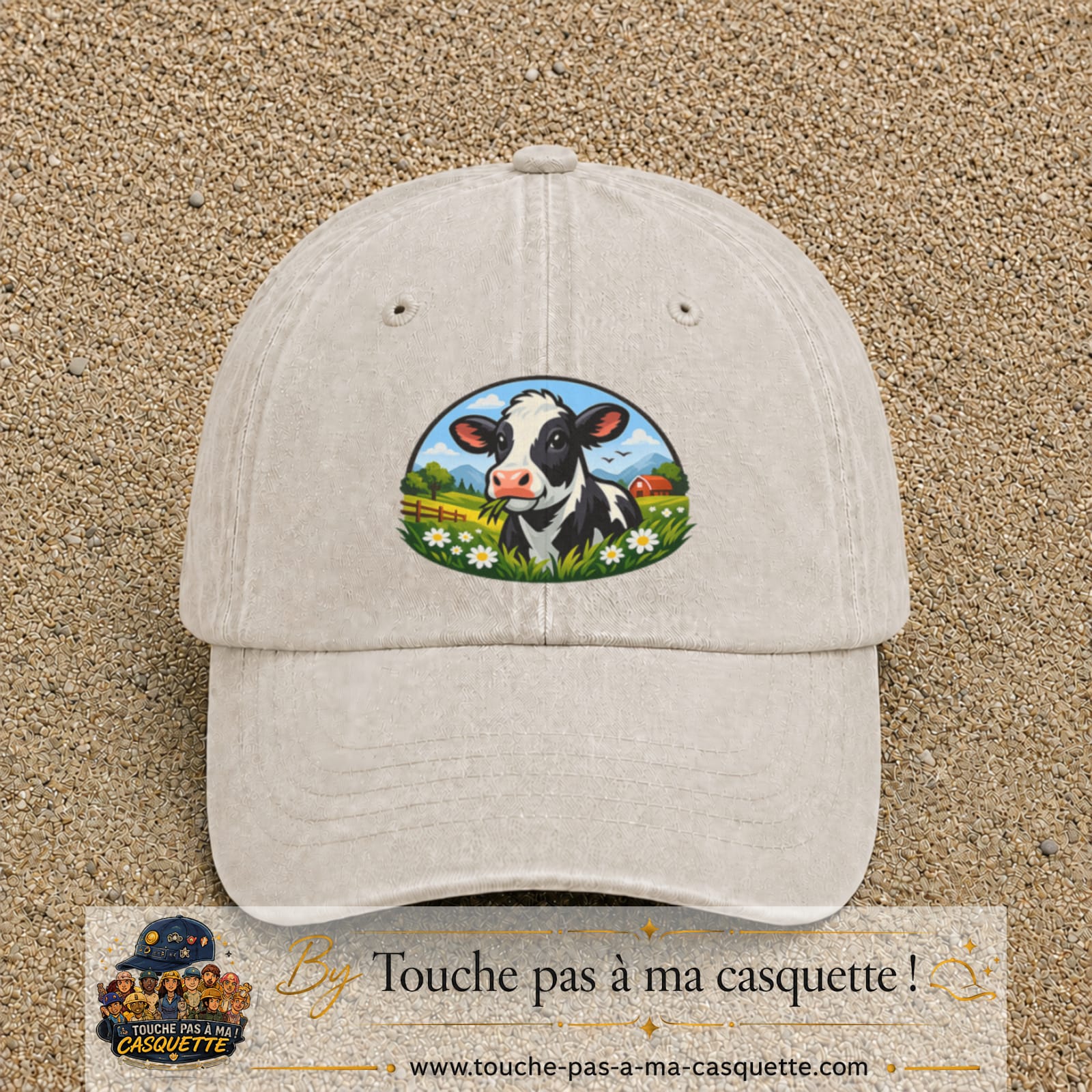 Image principale produit72grosBC - casquette Beige clair délavé avec visuel Vache paysage 7 cm