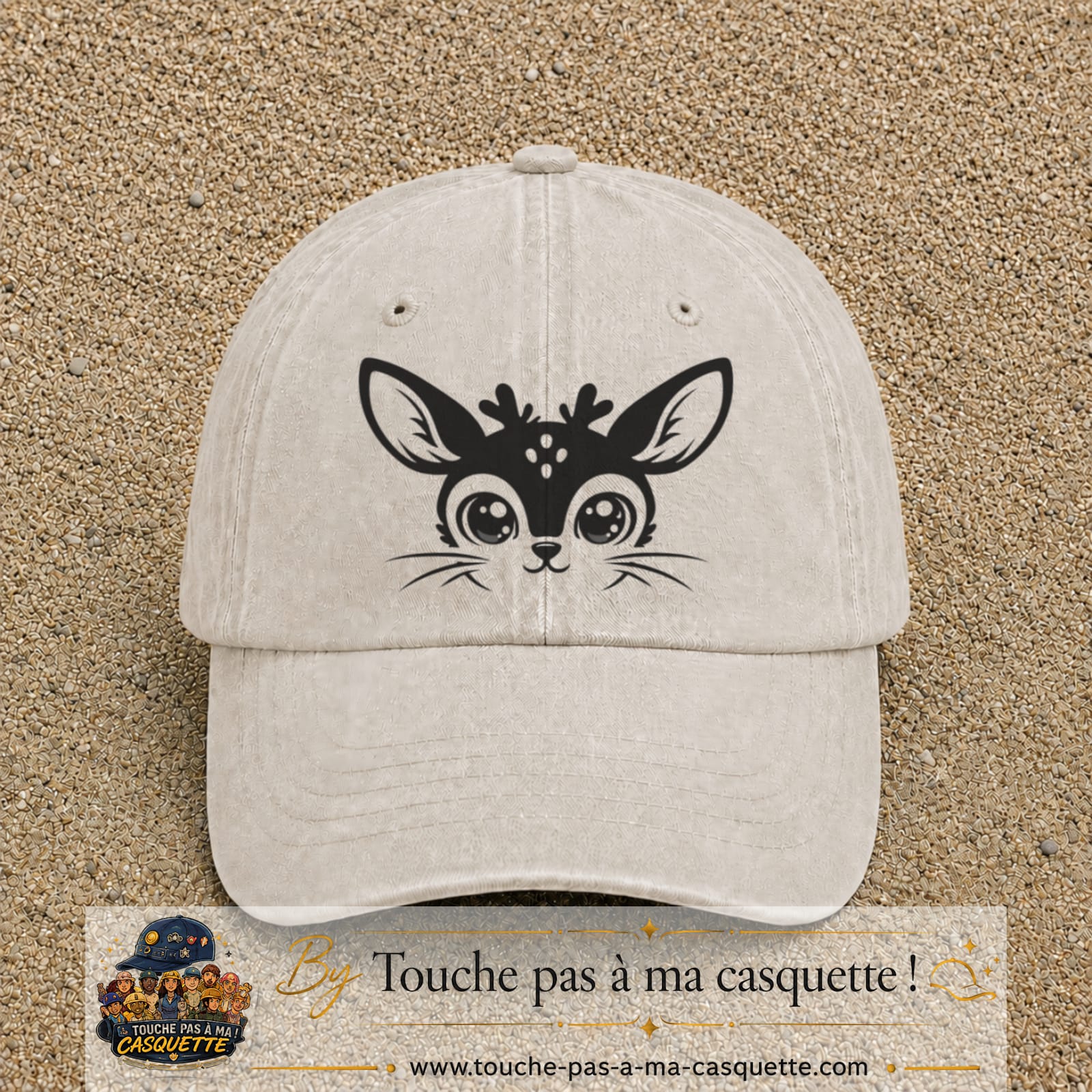Image principale produit3grosBC - casquette Beige clair délavé avec visuel Biche mignonne 7 cm