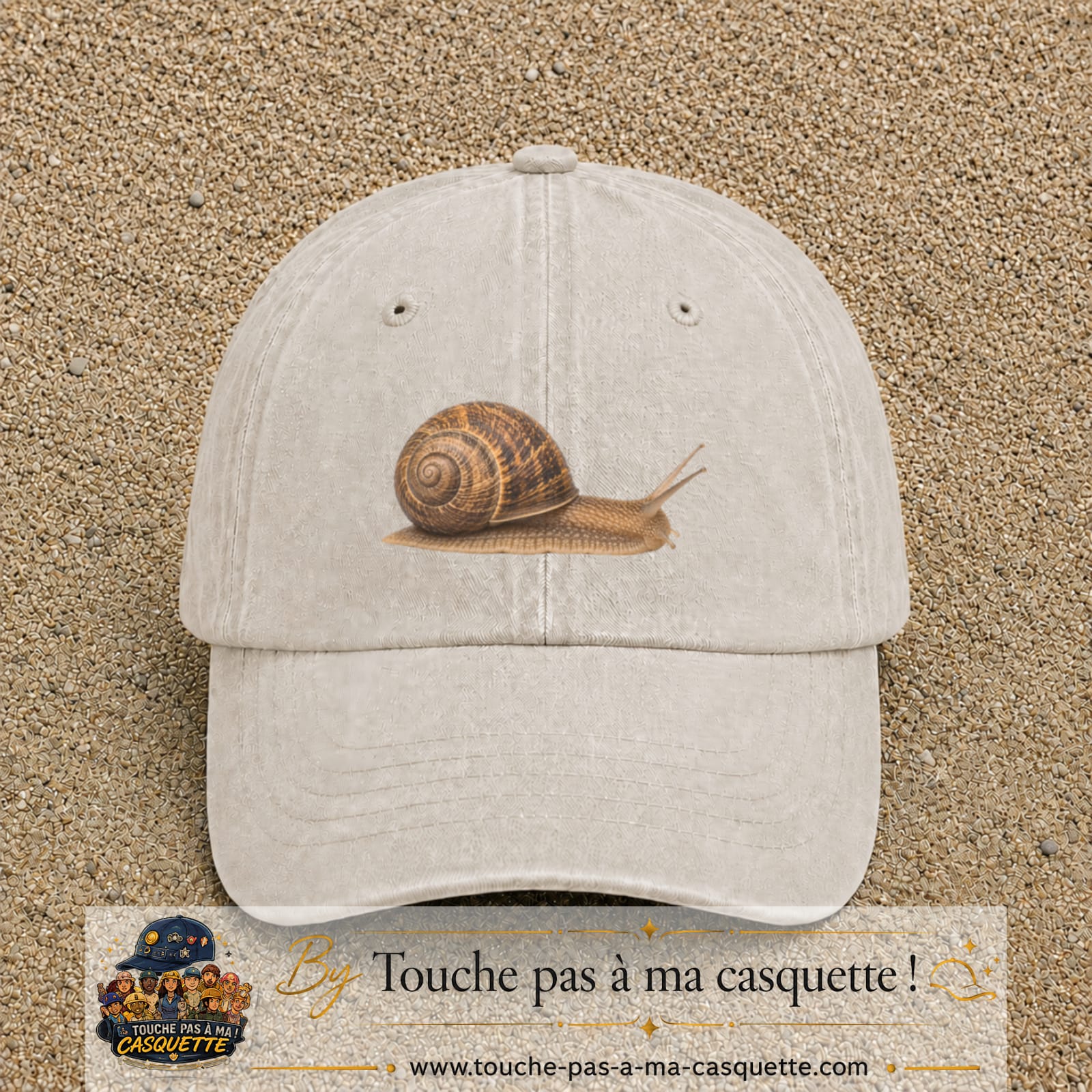 Image principale produit74moyenBC - casquette Beige clair délavé avec visuel Escargot 5 cm