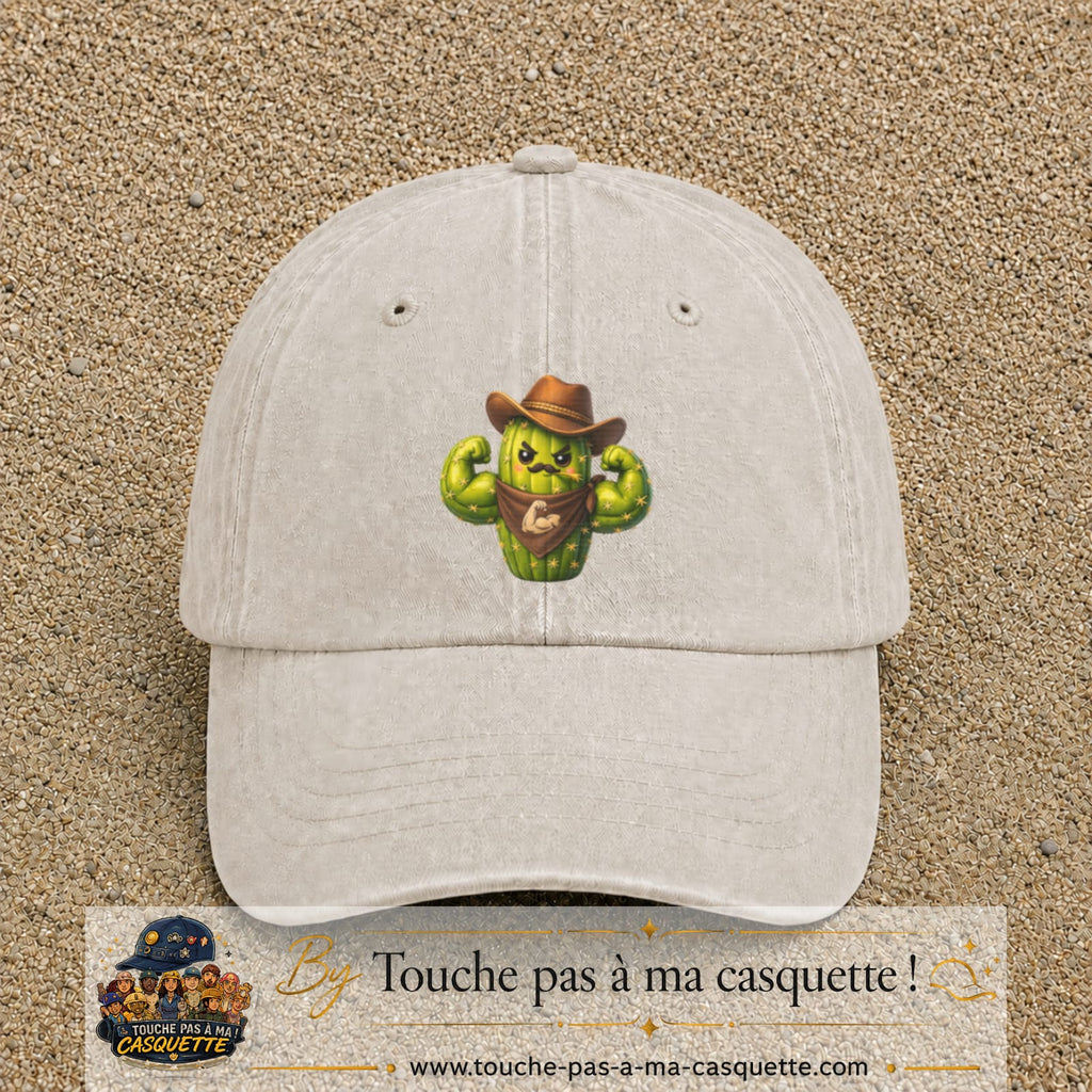 Image principale produit194grosBC - casquette Beige clair délavé avec visuel Cactus cowboy 7 cm