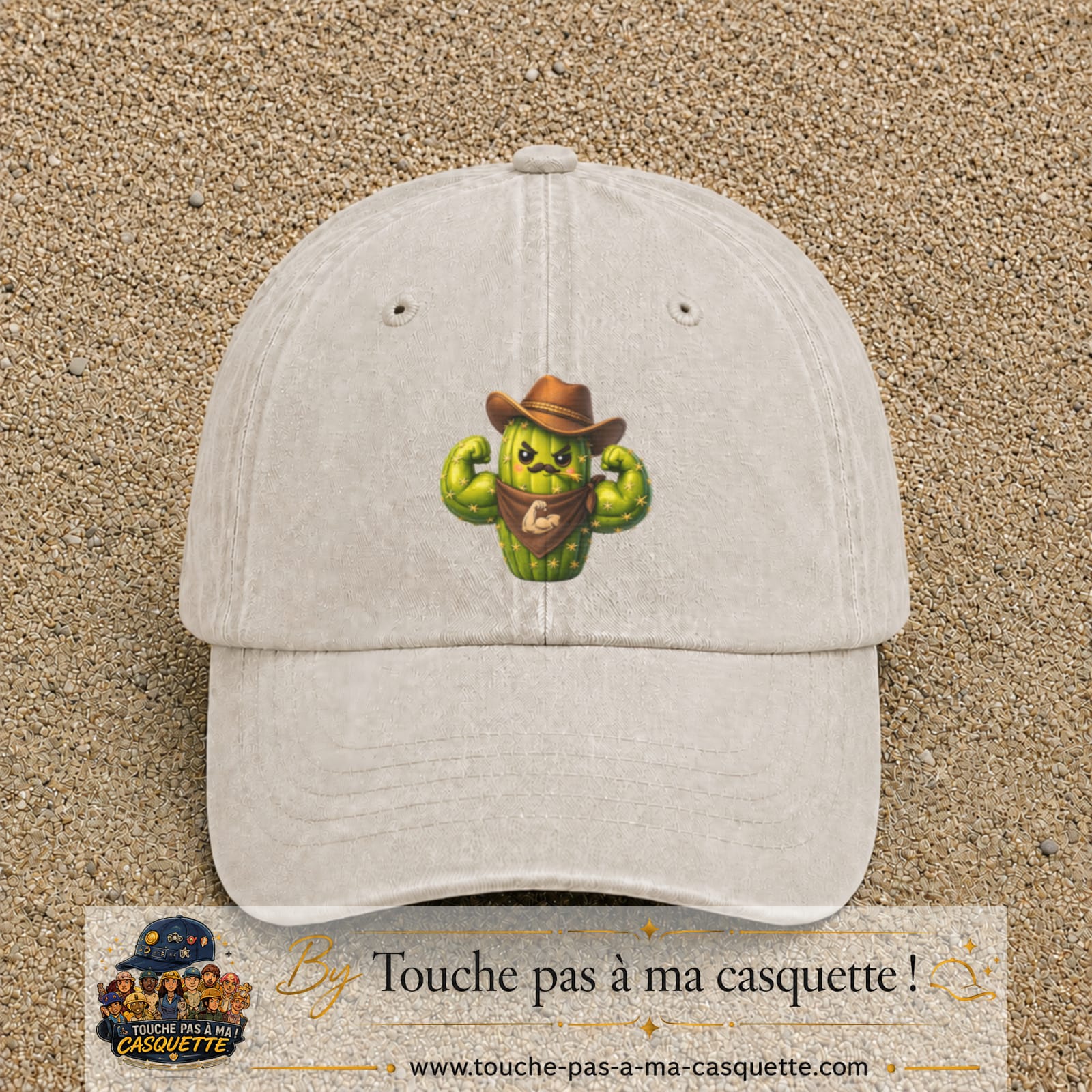 Image principale produit194grosBC - casquette Beige clair délavé avec visuel Cactus cowboy 7 cm