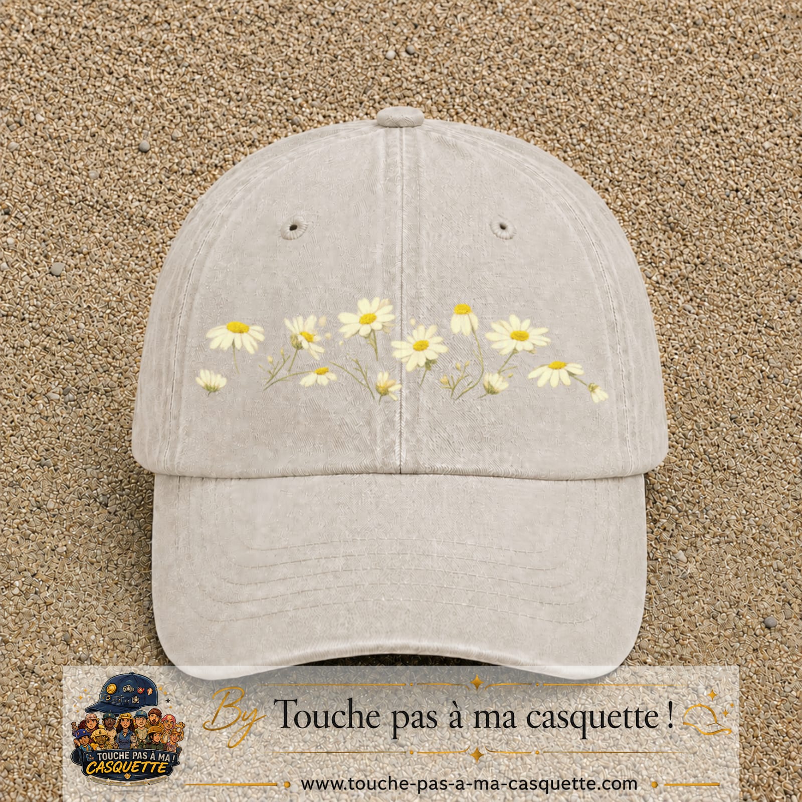 Image principale produit36grosBC - casquette Beige clair délavé avec visuel Guirlande de marguerites 7 cm