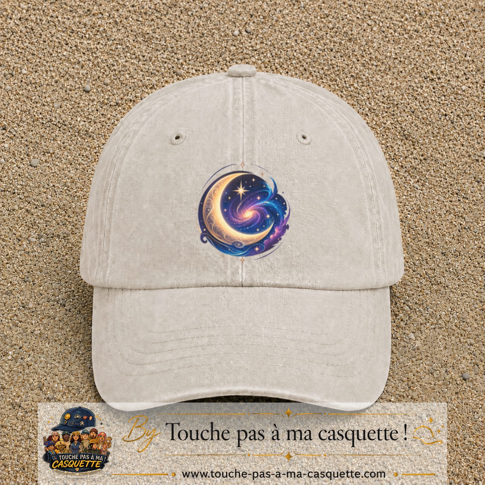 Image principale produit58grosBC - casquette Beige clair délavé avec visuel Galaxie lune 7 cm