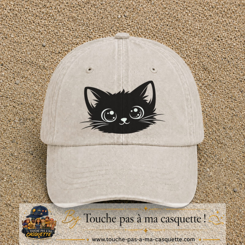 Image principale produit2grosBC - casquette Beige clair délavé avec visuel Chat noir yeux ronds 7 cm