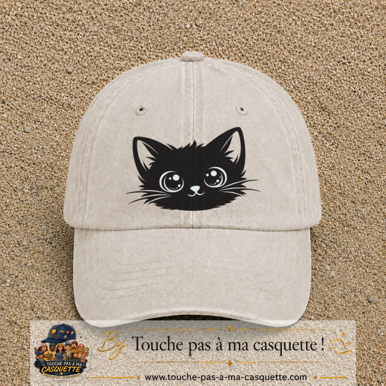 Image principale produit2grosBC - casquette Beige clair délavé avec visuel Chat noir yeux ronds 7 cm