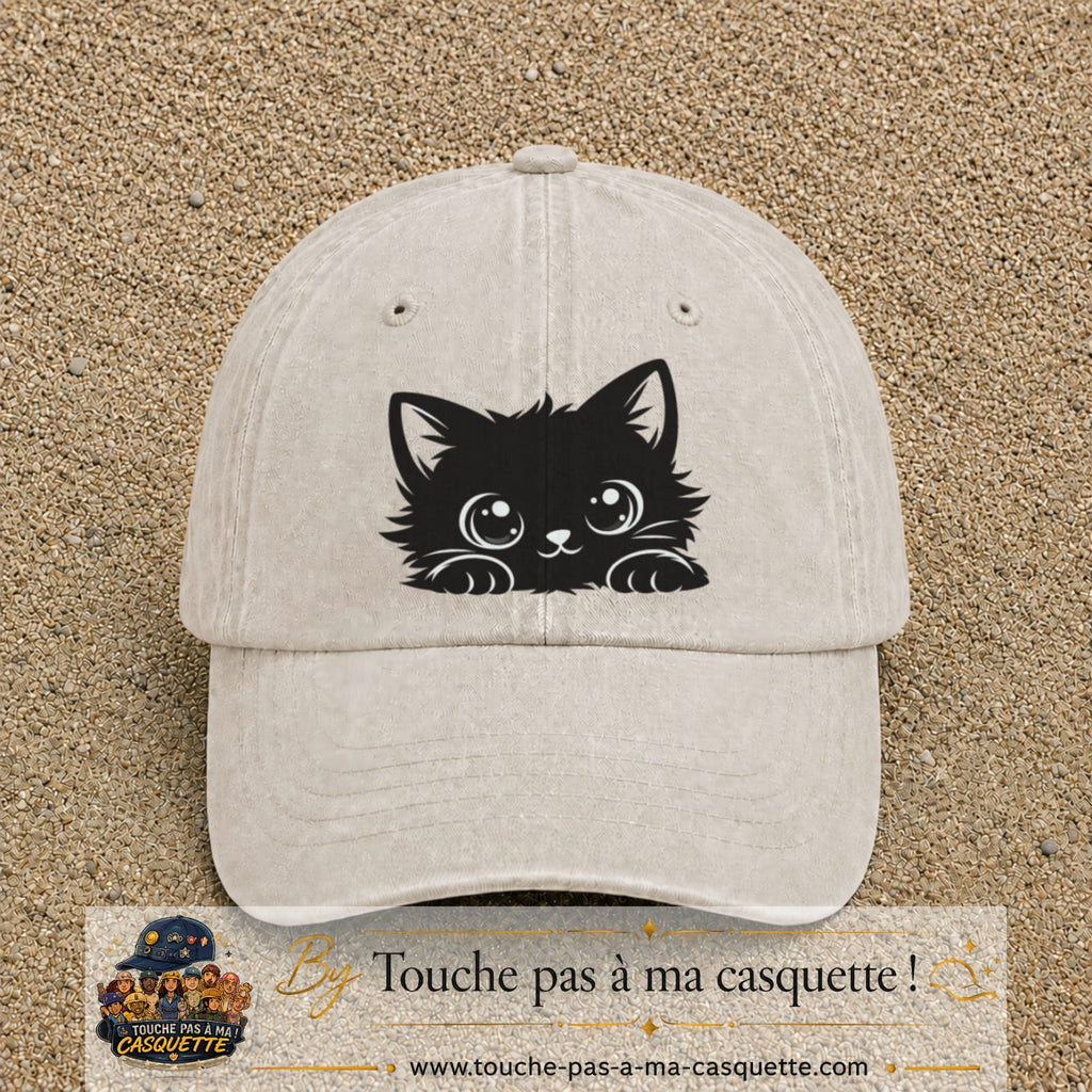 Image principale produit6grosBC - casquette Beige clair délavé avec visuel Chat noir adorable 7 cm